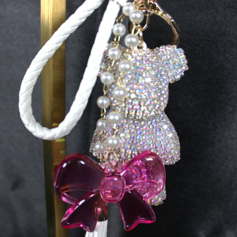 Handcrafted Rhinestone Teddy Bear Bag Charm Pearl Pink Bow Tassel Gold Tone - Picture 7 of 8